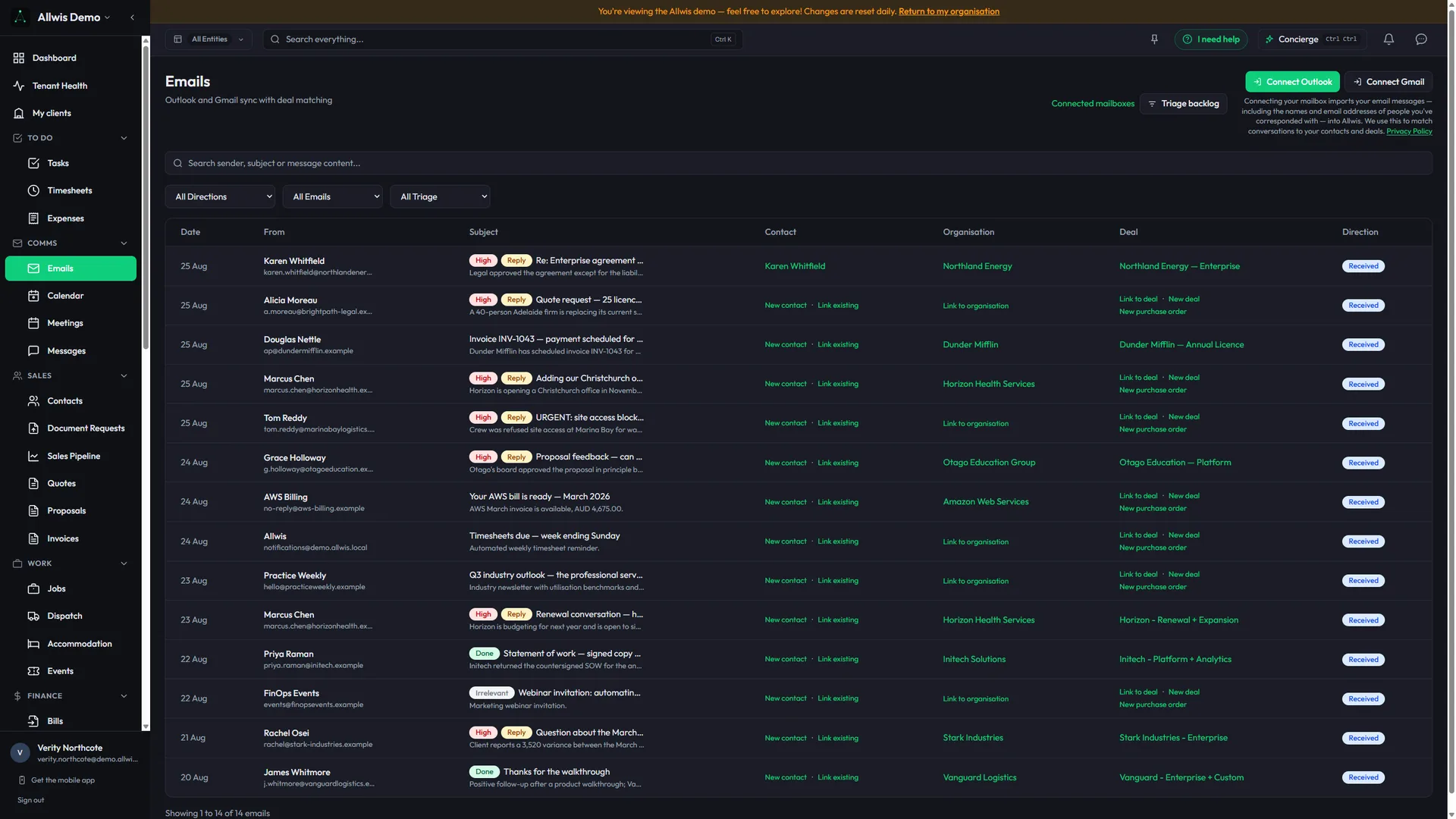 Shared inbox with AI triage — each email matched to its contact, organisation and deal