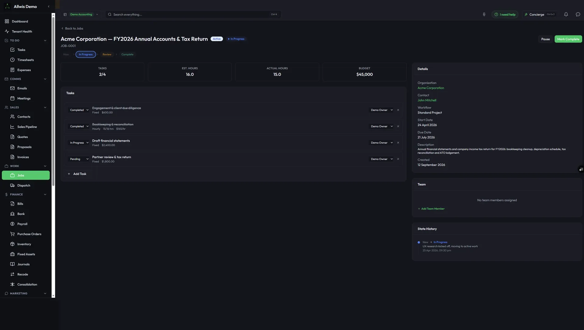 Job detail with costing and milestones