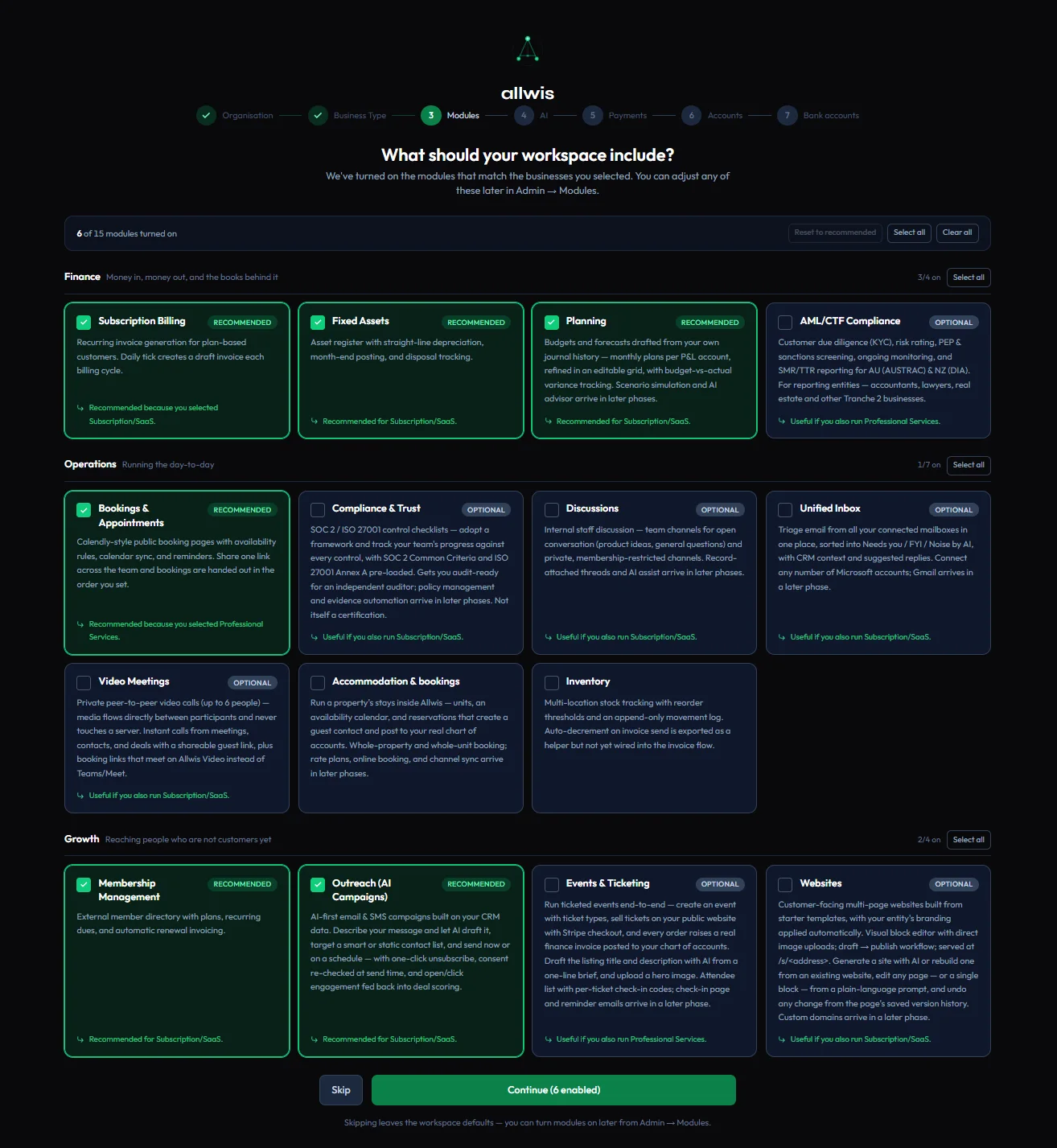 The onboarding wizard choosing which modules a workspace turns on, grouped into Finance, Operations and Growth, with recommendations already ticked for the selected business type