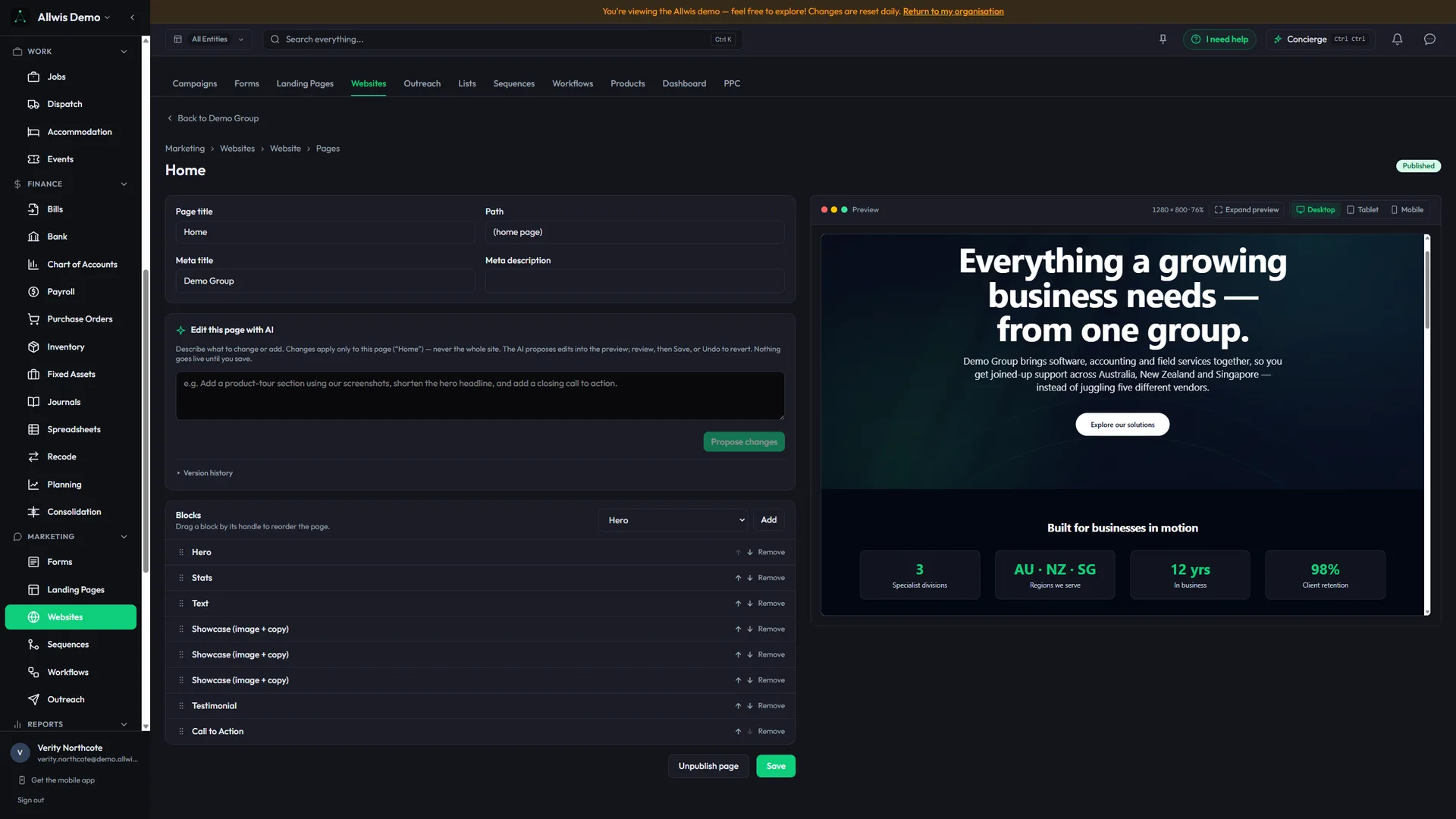 Website page builder editing a page from a plain-English instruction, with a live preview